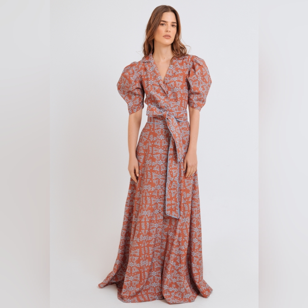 Women’s Rust Floral Maxi Dress with Tie Waist - Picture 2 of 6